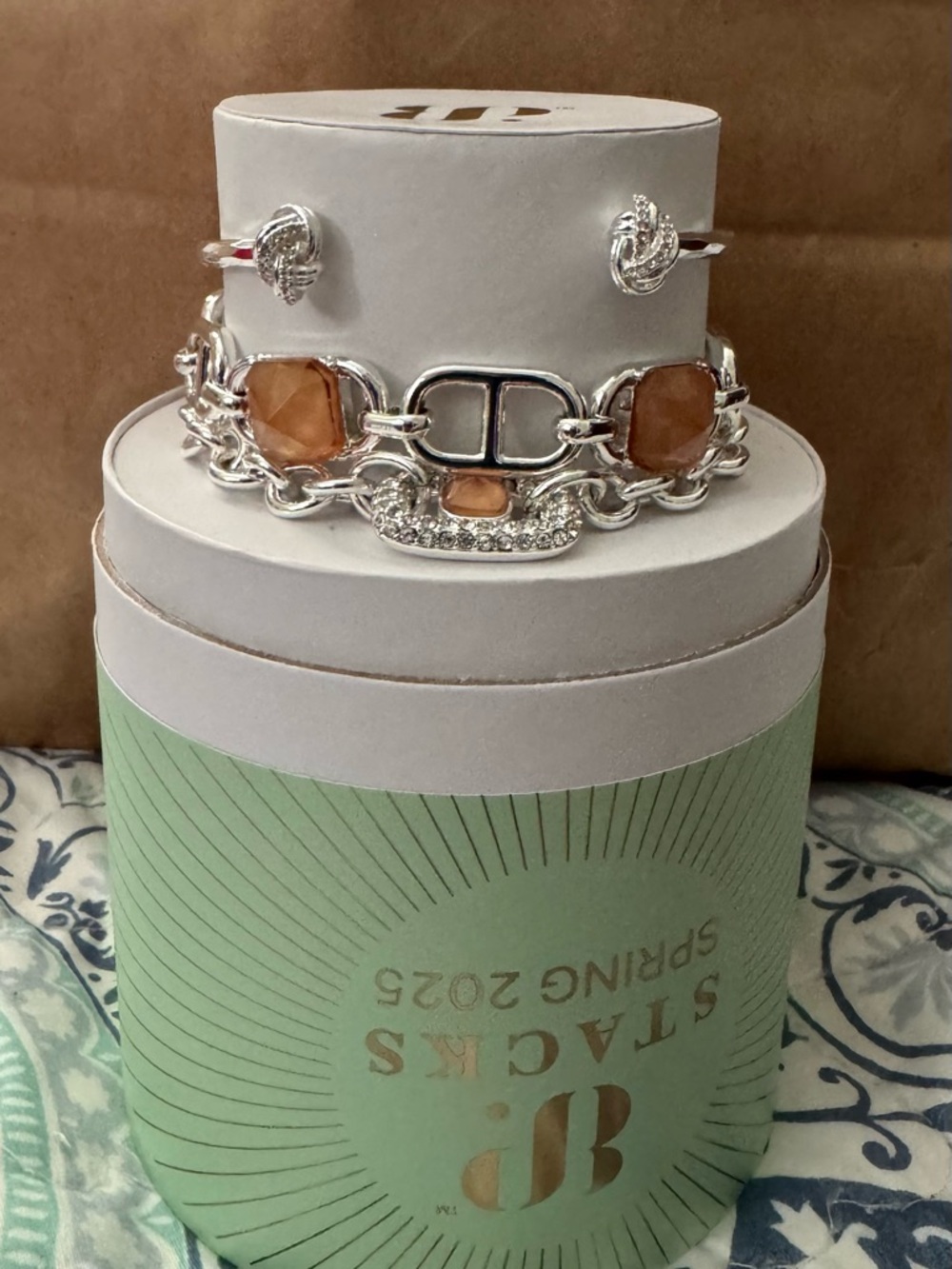 Silver Link Bracelet with Peach Crystal Accents